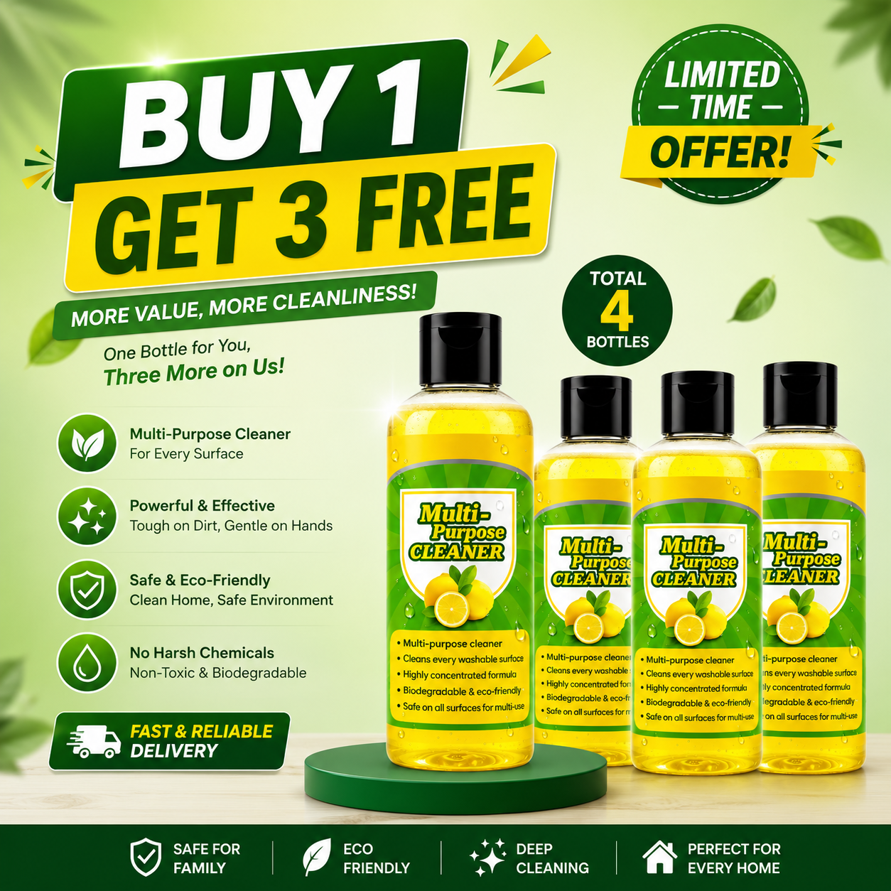 Multi-Purpose Cleaner Lemon Fresh | Removes Tough Stains | Safe on Multiple Surfaces- Pack of 4