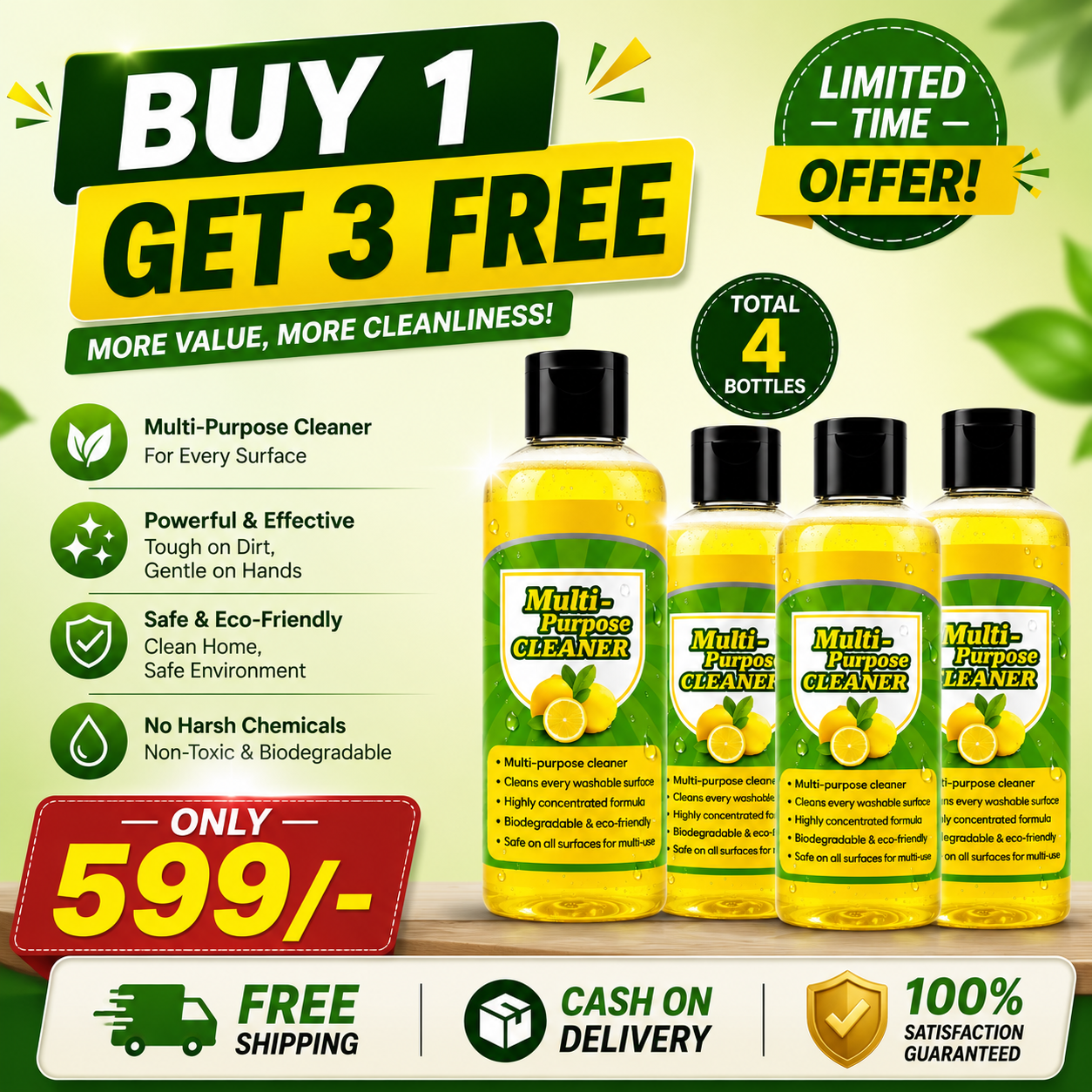Multi-Purpose Cleaner Lemon Fresh | Removes Tough Stains | Safe on Multiple Surfaces- Pack of 4